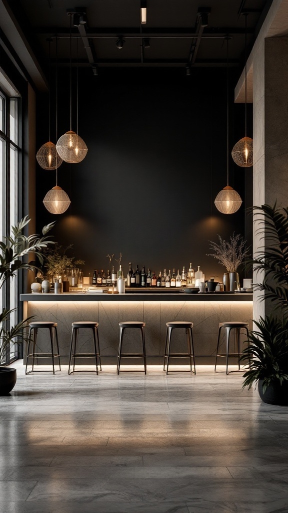 A modern minimalist bar with geometric decor featuring warm lighting and natural elements.