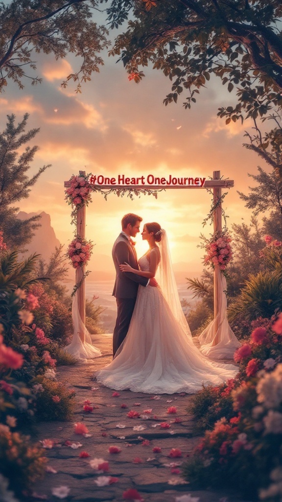 A couple in wedding attire standing under a floral arch with the hashtag #OneHeartOneJourney