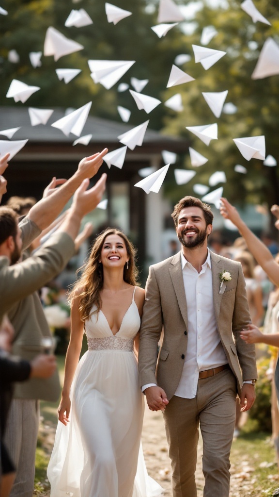 A joyful couple walking through a crowd of guests throwing paper planes.