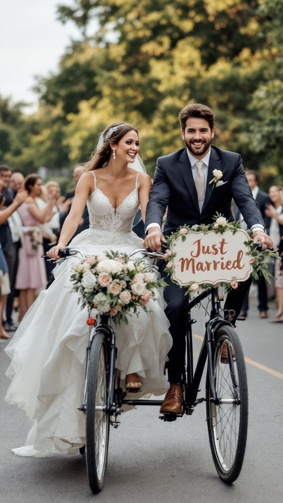 Couple riding a tandem bike with a 'Just Married' sign, surrounded by wedding guests.