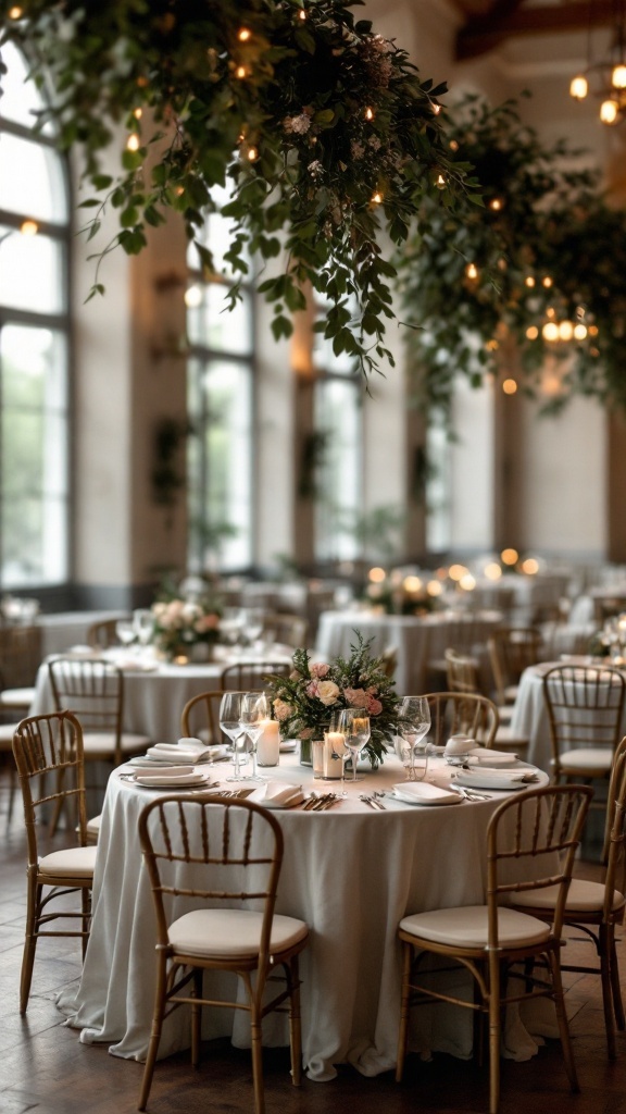 Elegant wedding reception with personalized table settings and floral arrangements.