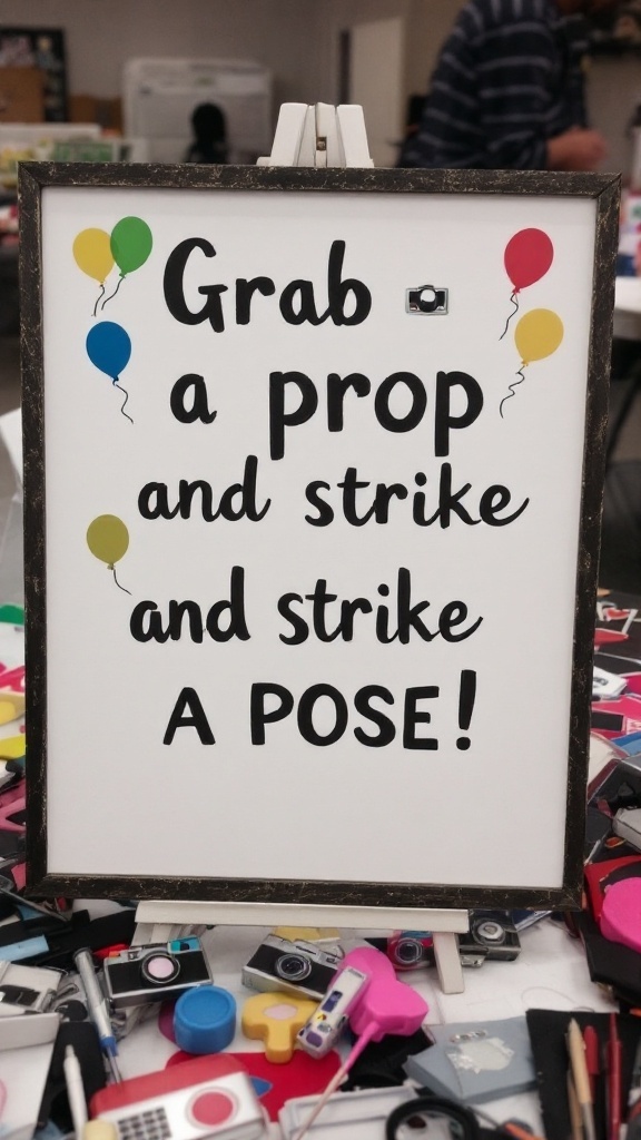 A photo booth sign that reads 'Grab a prop and strike a pose!' with colorful balloons and props around.