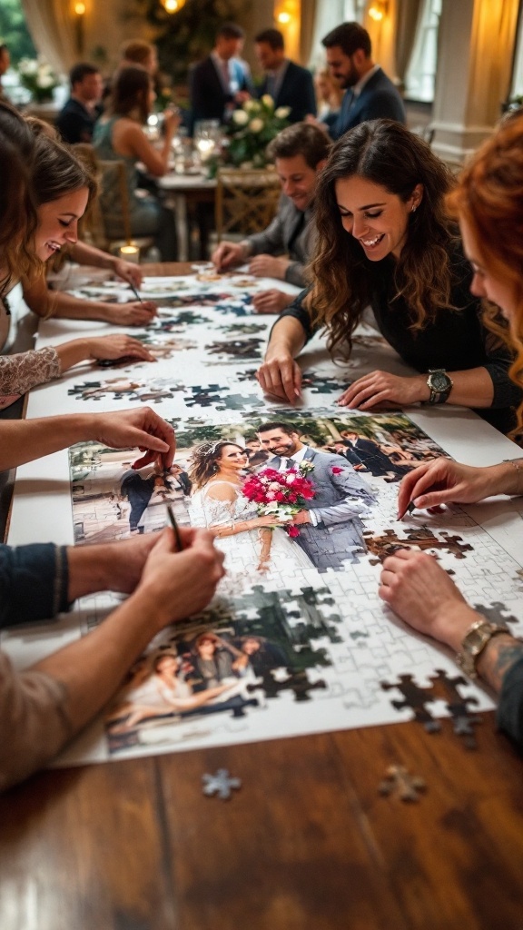 Wedding guests enjoying a puzzle together at a reception.