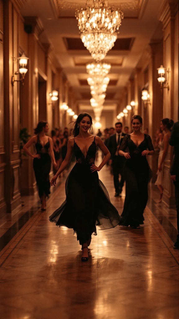 Group of elegantly dressed people dancing in a stylish hallway with chandeliers.