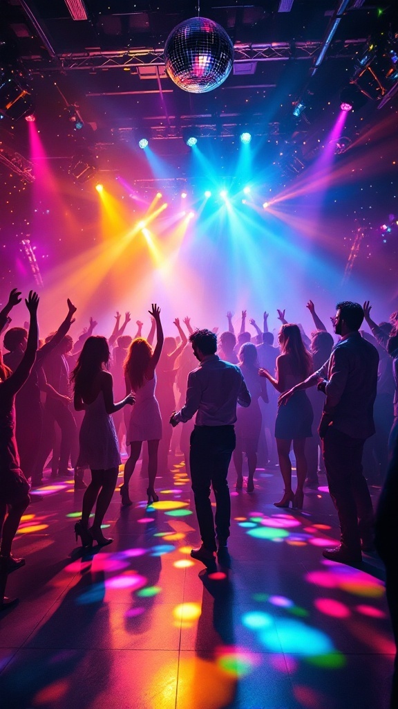 A lively wedding dance floor with guests dancing under colorful lights and a disco ball.