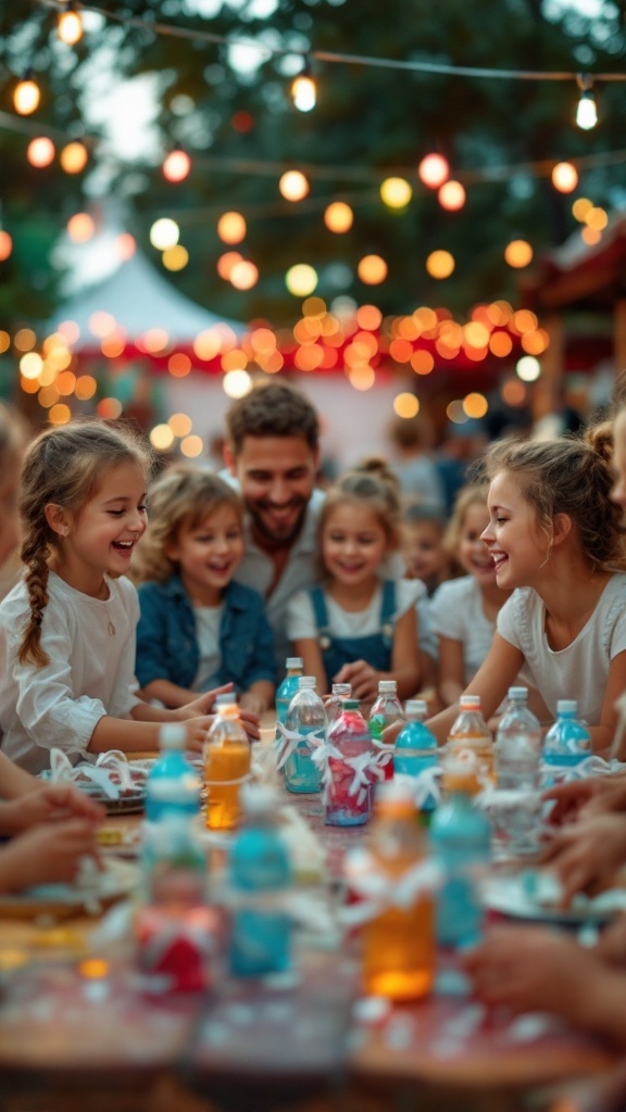 A group of happy children and adults gathered around a table, playing games and having fun at an outdoor event.