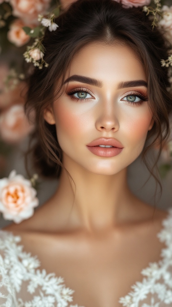 Close-up of a bride with soft glam makeup, showcasing glowing skin and delicate eye makeup.