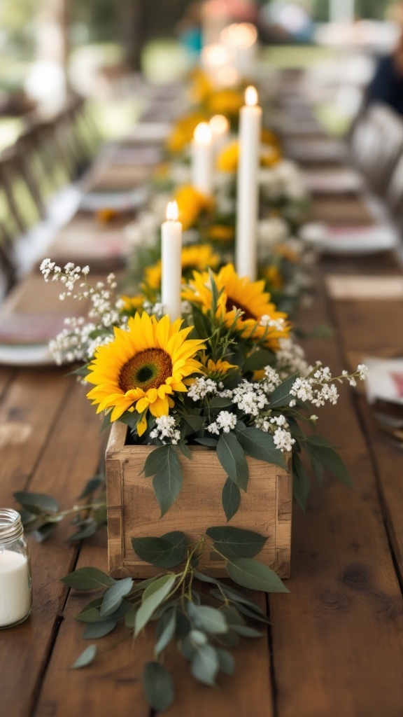 Rustic wedding centerpiece featuring sunflowers and candles in a wooden box.