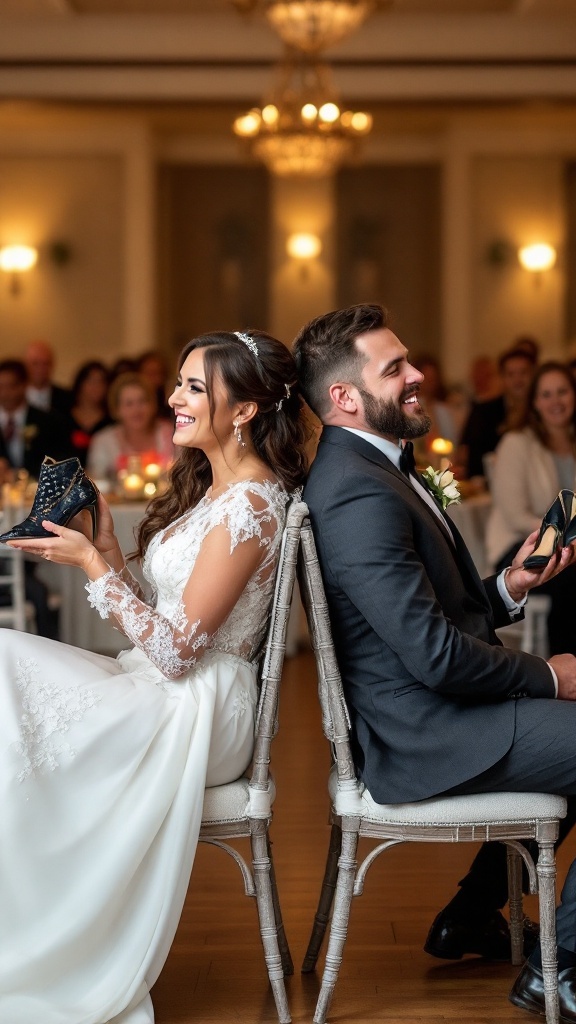 A bride and groom playing the Shoe Game at their wedding reception, smiling while holding shoes.