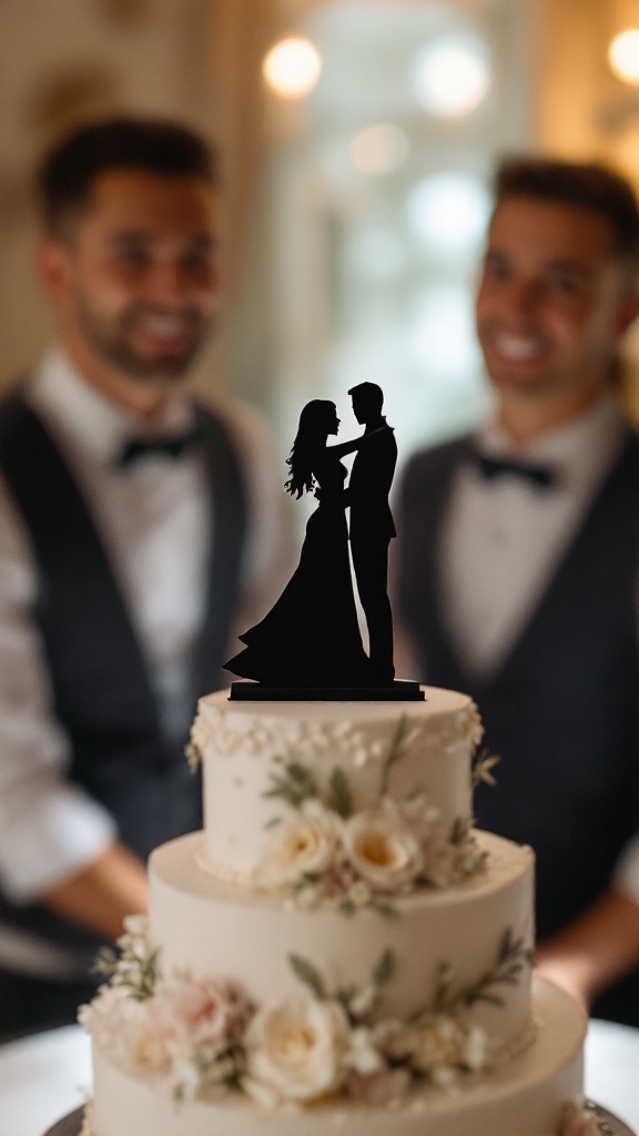 A silhouette cake topper featuring a couple dancing, placed on a wedding cake adorned with flowers.