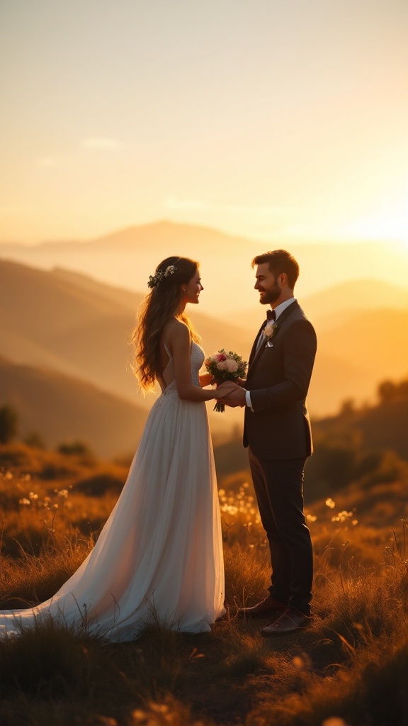 Couple in wedding attire holding hands at sunrise on a hilltop with a beautiful landscape in the background.