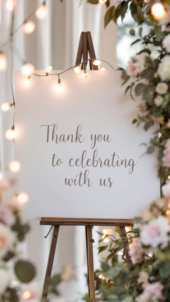 A thank you sign on an easel surrounded by flowers and lights.