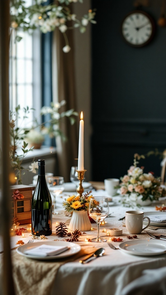 A beautifully arranged wedding table setting featuring a candle, flowers, and autumn decorations.