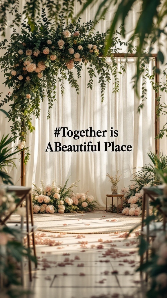 Wedding setup with flowers and hashtag #TogetherIsABeautifulPlace