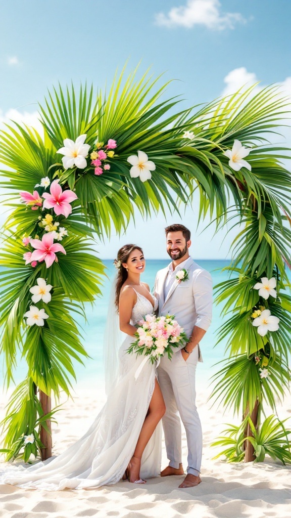 A tropical palm leaf wedding arch decorated with pink and white flowers, with a couple standing in front on the beach.