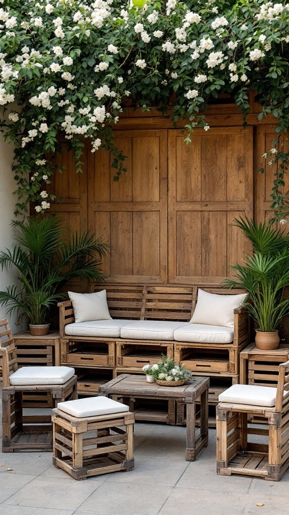 A cozy seating arrangement featuring wooden stacked crates, with cushions and plants, set against a floral backdrop.