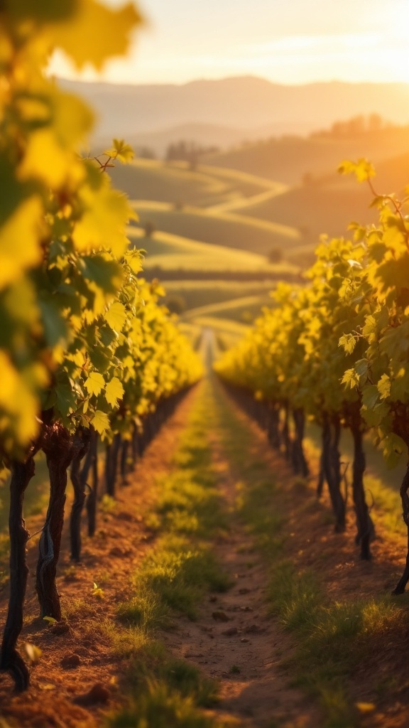 A picturesque vineyard at sunset with golden light illuminating the grapevines.