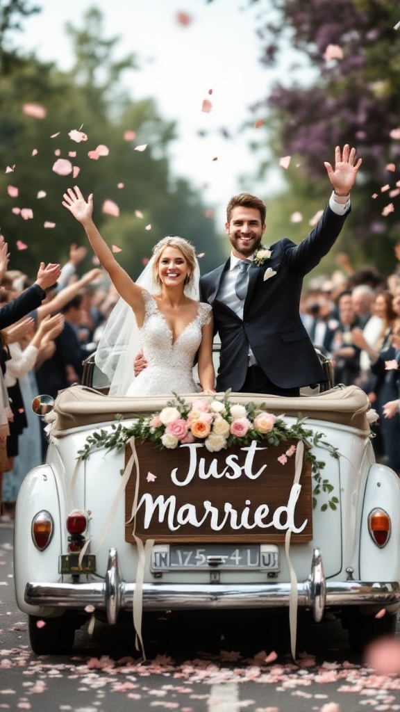A couple in a vintage car with a 'Just Married' sign waving to guests.