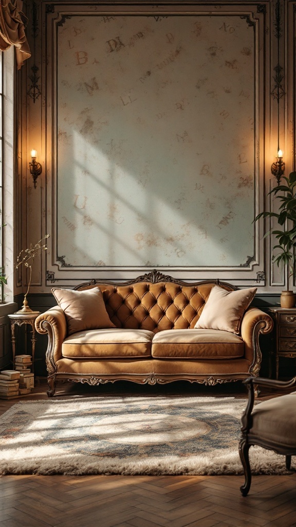 A vintage lounge area with a brown tufted sofa, decorative pillows, and warm lighting.