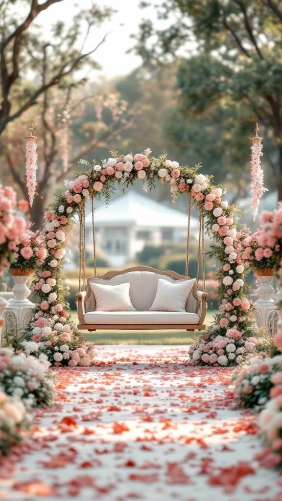 A charming swing seat decorated with flowers, set up for a wedding aisle.