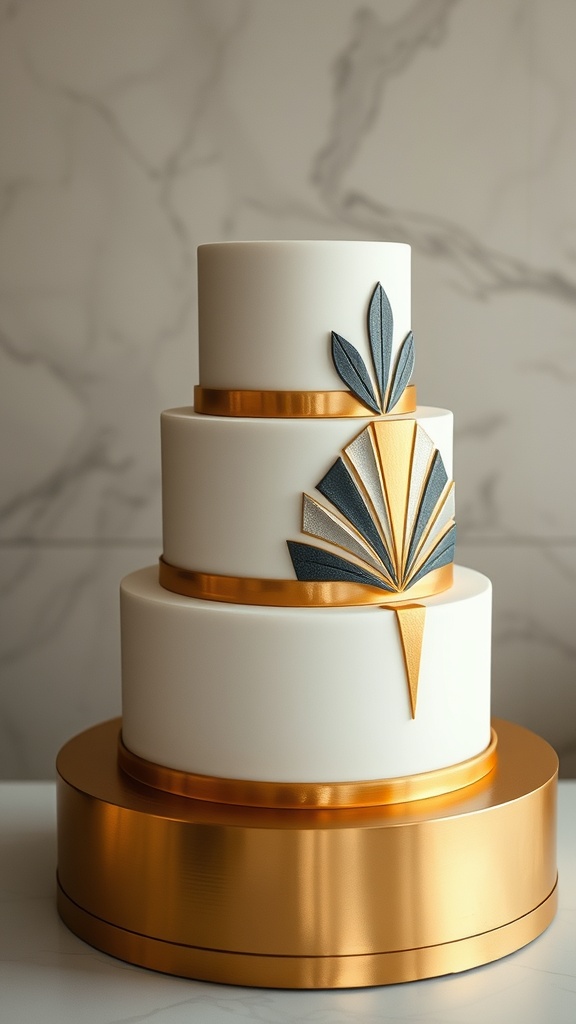 A three-tiered wedding cake with Art Deco design, featuring geometric patterns and metallic accents.