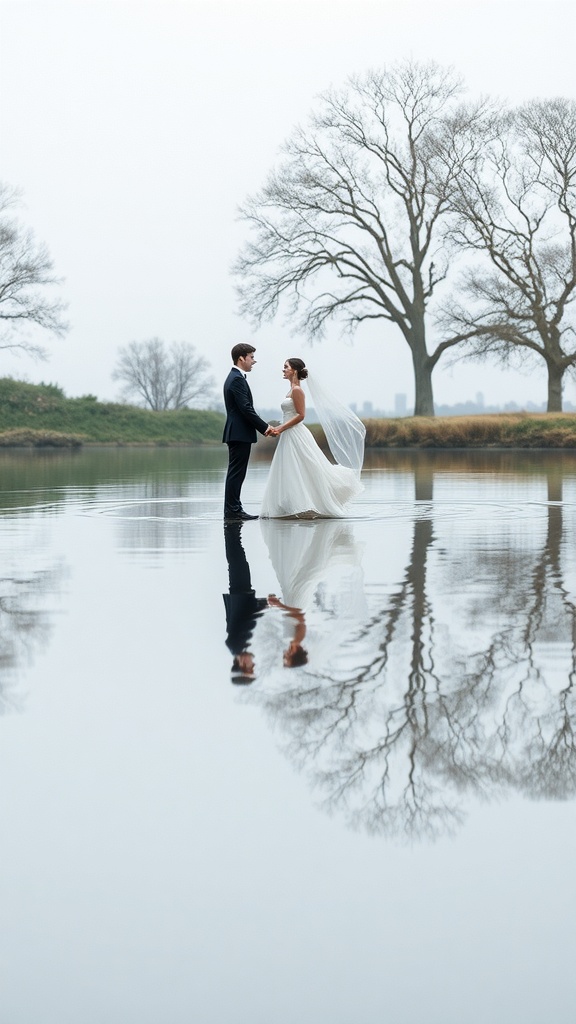 A couple standing on water, holding hands with their reflections visible.