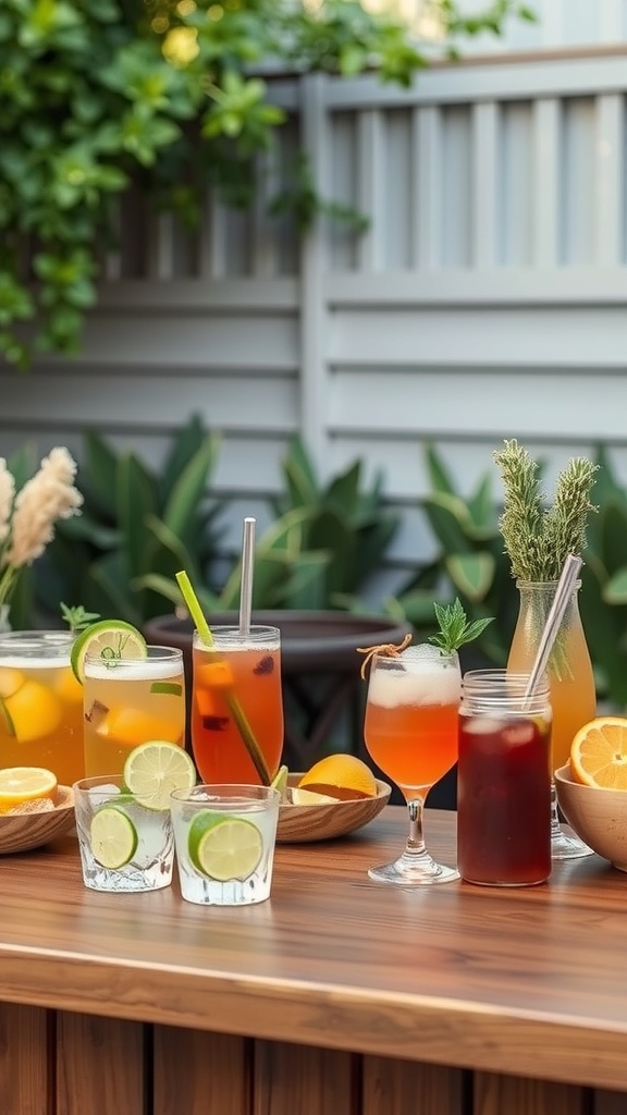 A variety of colorful seasonal drinks displayed on a wooden table, surrounded by greenery.