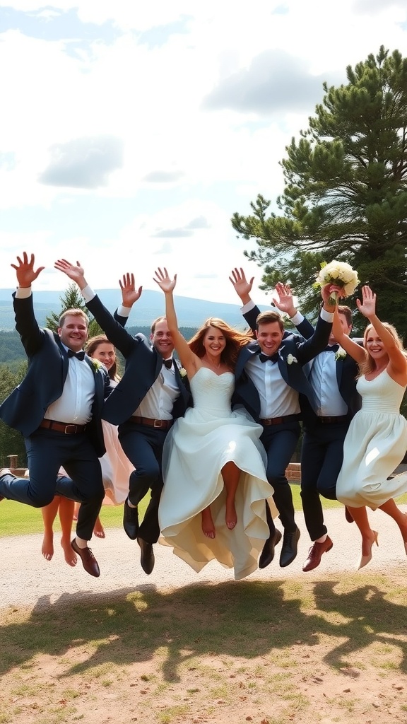Bridal party jumping in the air with hands raised, celebrating together.