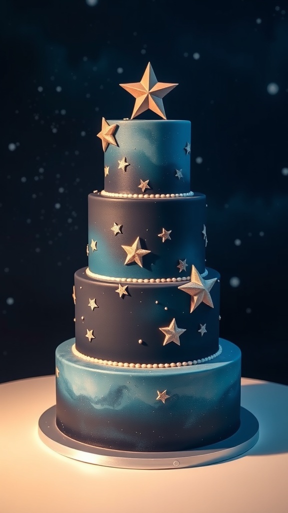 A three-tier wedding cake featuring a celestial theme with stars and a deep blue color scheme.