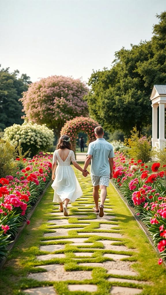 Couple walking hand in hand on a garden pathway surrounded by flowers.