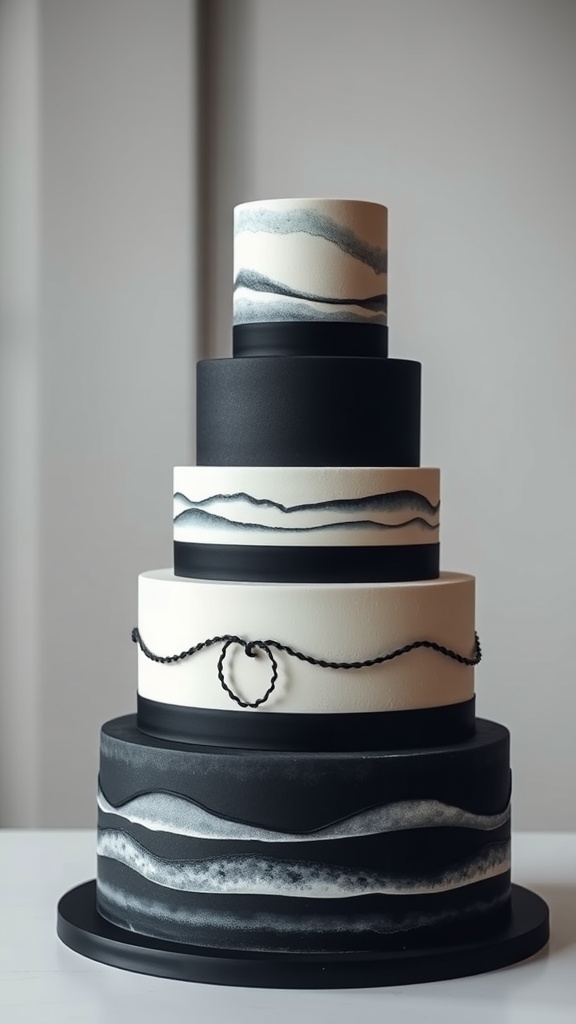 A chic monochrome wedding cake with black and white layers and elegant designs.