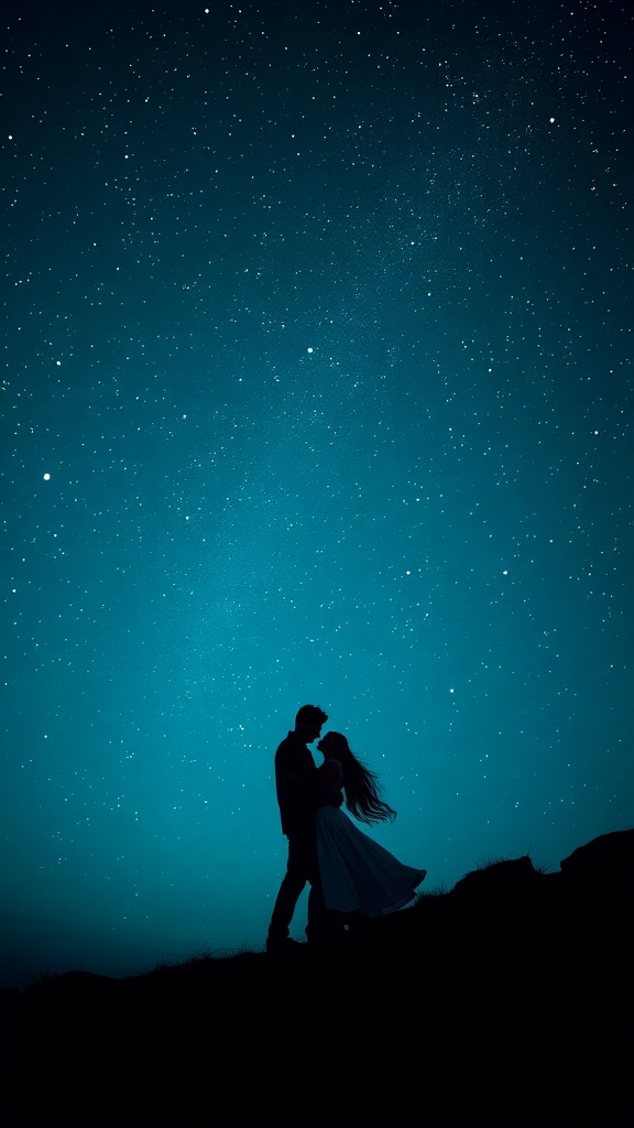 Couple dancing silhouetted against a starry night sky