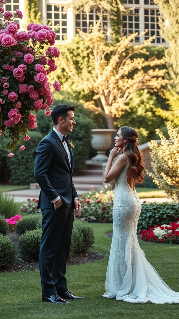 A couple sharing an emotional first look in a beautiful garden setting.