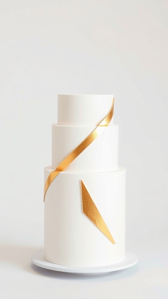 A three-tiered wedding cake with geometric gold accents on a white base.