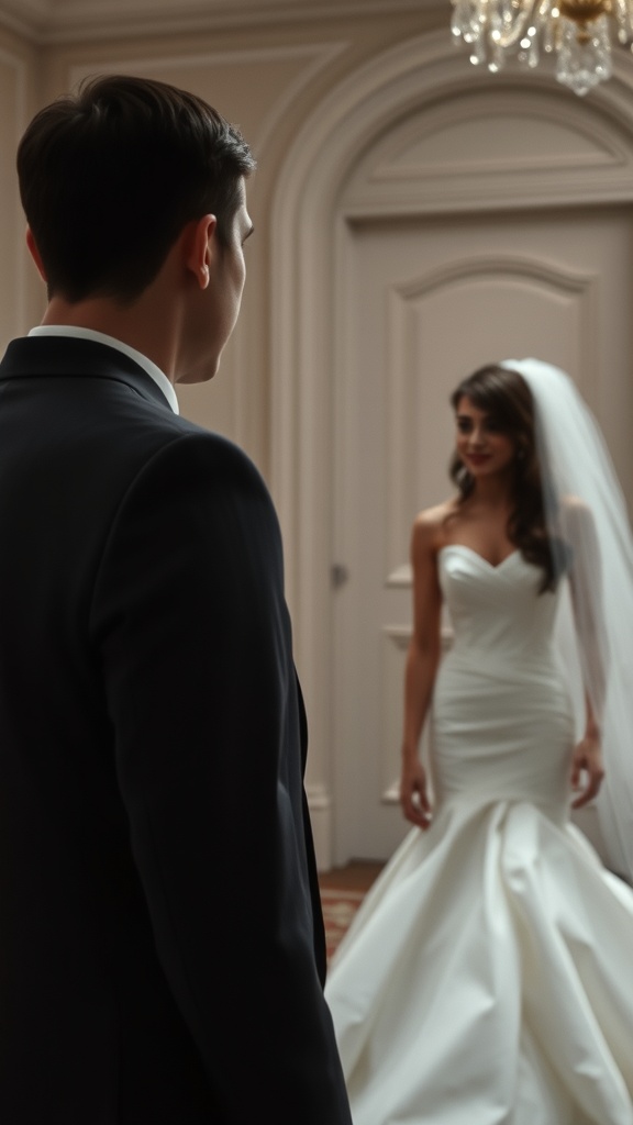 Groom looking at bride in wedding dress