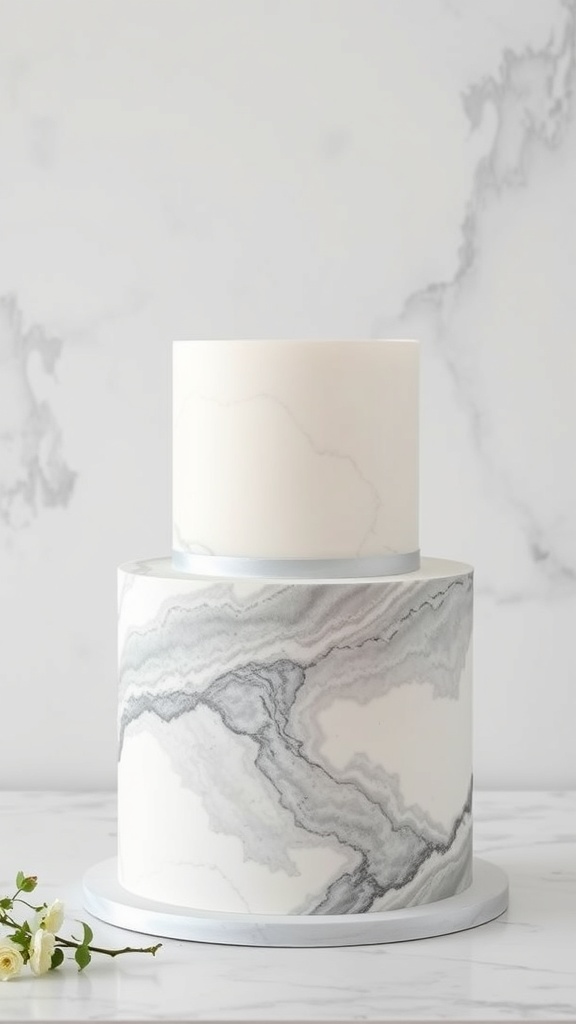 A two-tier wedding cake with a marble effect design in gray and white.