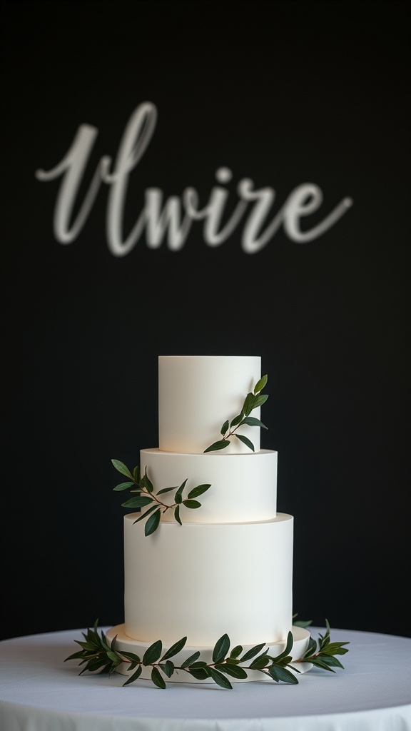 A minimalist wedding cake with three white tiers and green leaves around the base.