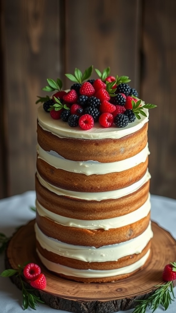 A naked wedding cake with layers of cake and frosting, topped with fresh raspberries, blackberries, and decorative green leaves.