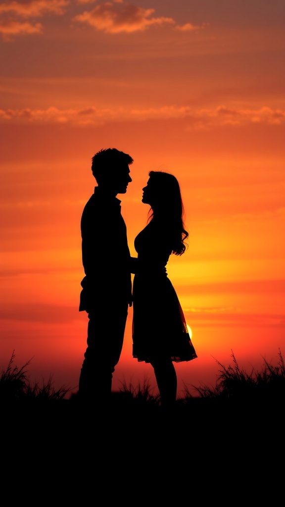 A couple silhouetted against a vibrant sunset, showcasing romance.