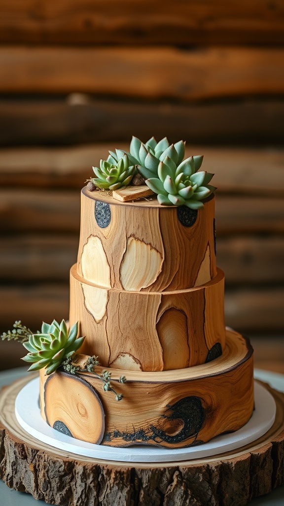 A rustic wedding cake with a wooden texture and succulent decorations.