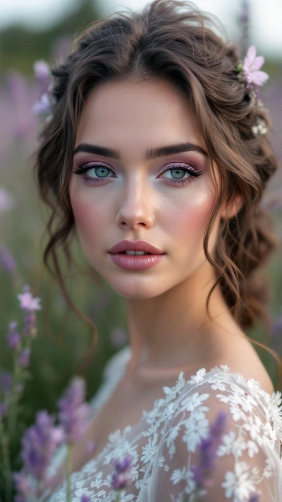 Bridal makeup featuring soft lavender accents with a natural look