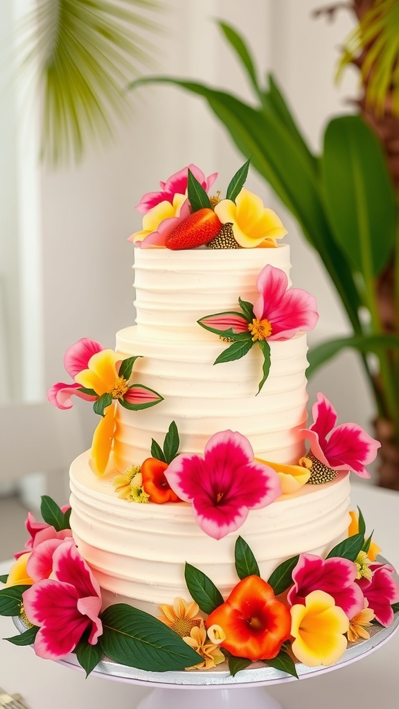 A three-tiered wedding cake decorated with colorful tropical flowers and leaves.