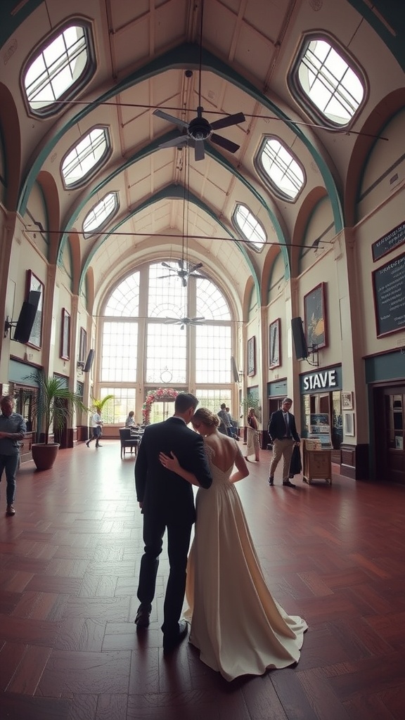 A couple standing together in a unique venue, showcasing their wedding attire and the beautiful architecture around them.