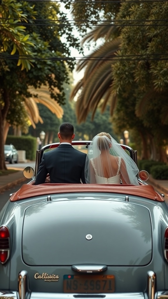 Couple in a vintage car driving away on their wedding day.