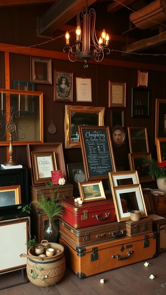 A collection of vintage decor items including suitcases, framed pictures, and a chandelier.