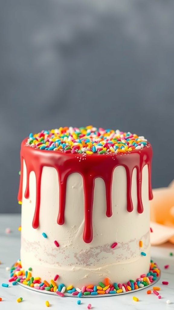 A whimsical drip cake with colorful sprinkles and red icing dripping down the sides.