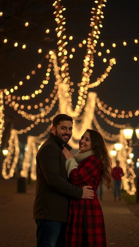 Couple posing together under fairy lights at night.