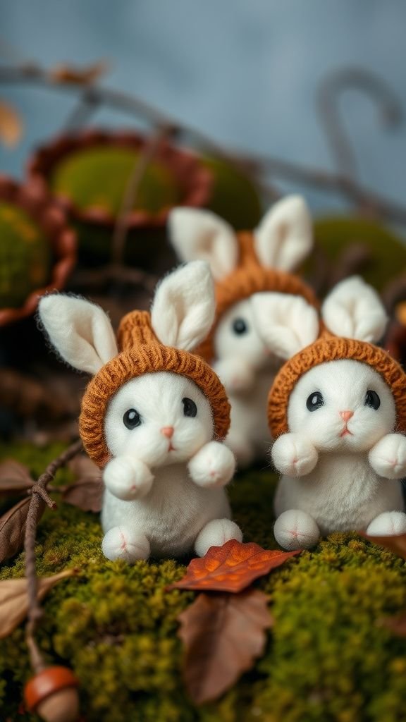 Felt-eared woodland bunnies with acorn hats