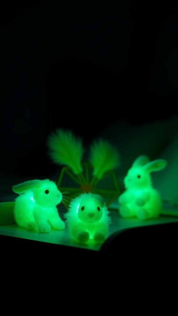 Glow-in-the-dark yarn bunnies for evening play