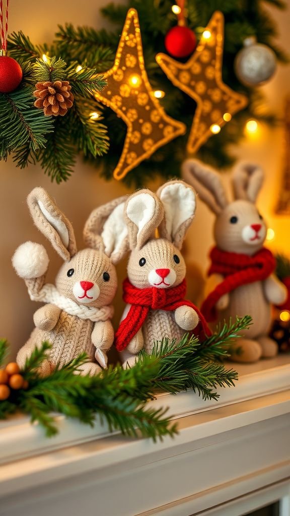 Holiday mantel bunnies with tiny knit scarves